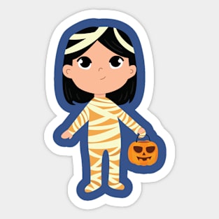 Halloween Kid dressed as mummy holding Pumpkin Sticker